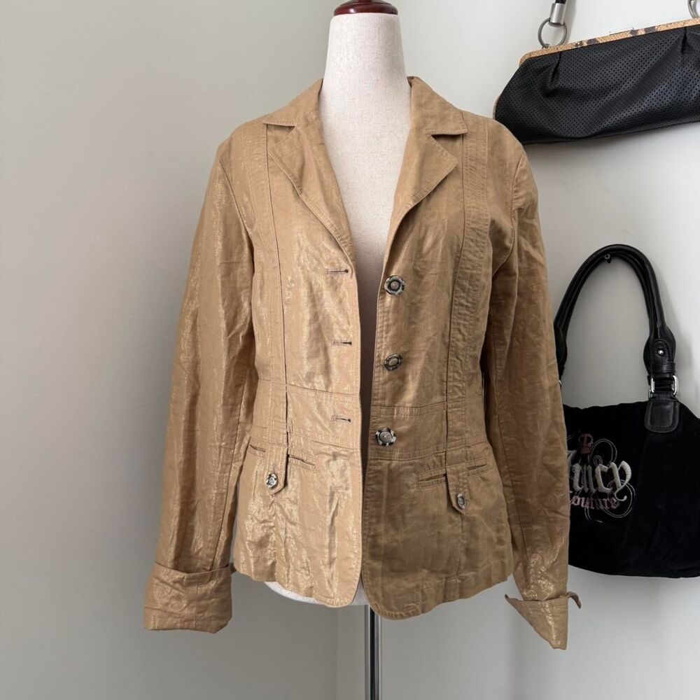 Metallic Tan Linen Blazer Jacket Coldwater Creek Size S Glam